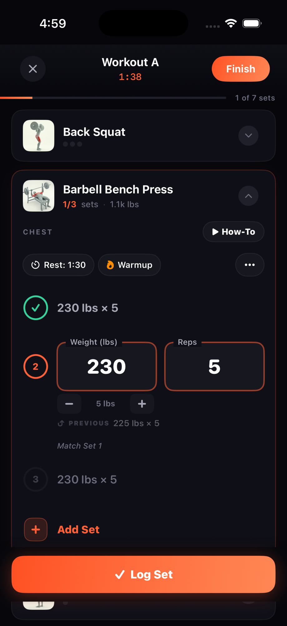 LiftRing active workout screen with pre-filled weights and reps as the progression engine logs each set