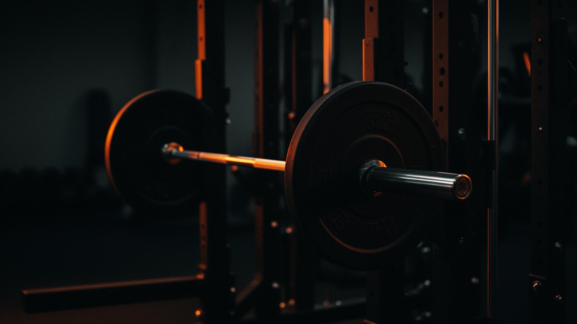 Loaded barbell on a squat rack lit with warm tones